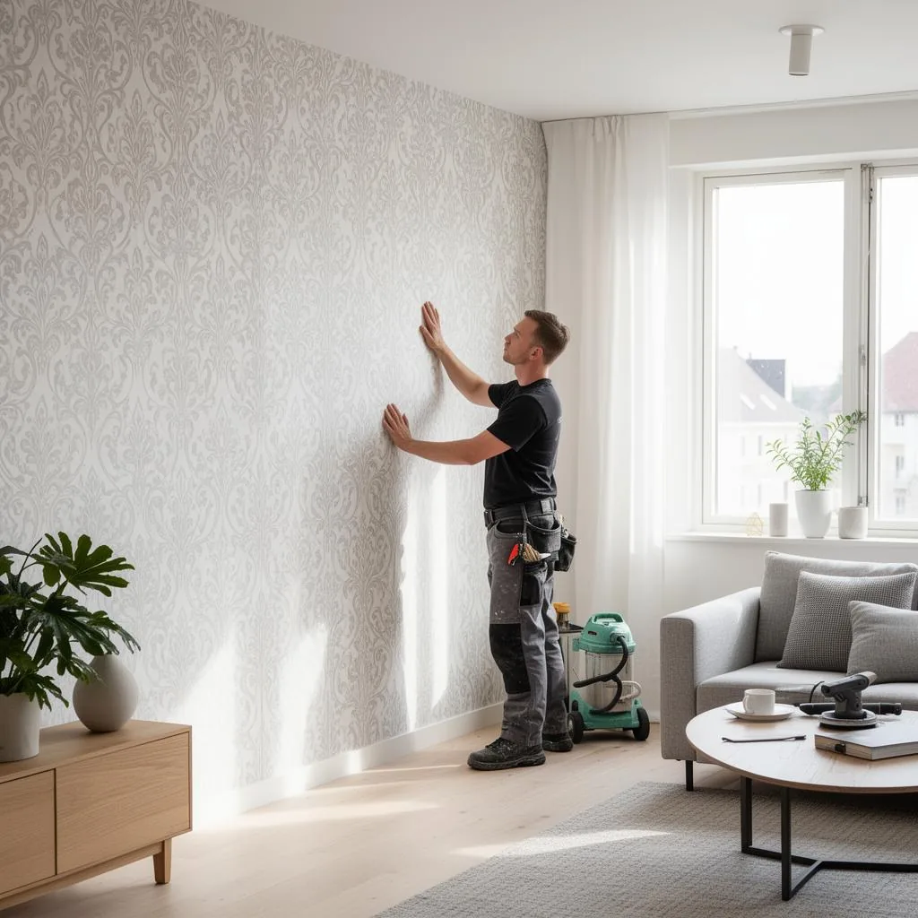 Non-woven-tapet med mönsterpassning i villavardagsrum